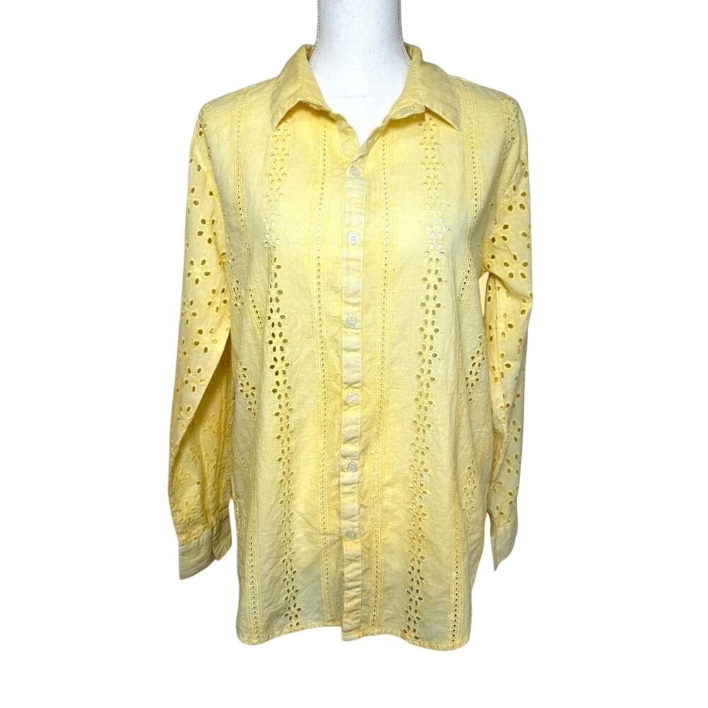 Trove New York Women's Sunny Yellow Eyelet Button Down Shirt Medium 100% Cotton